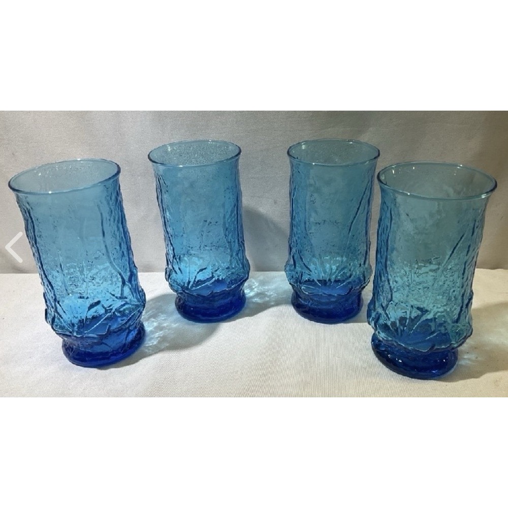 Vtg Anchor Hocking Electric Blue Rain Flower Juice Glass 6oz Set Of 4 Glasses 4"